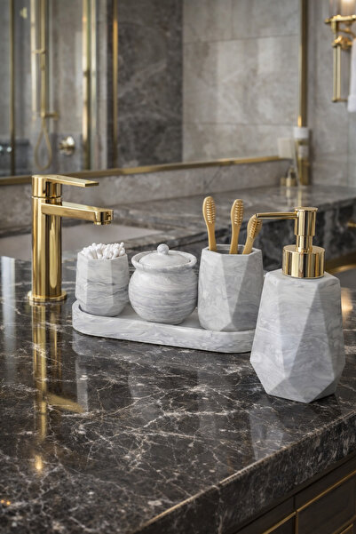 lufen deco Mermer Desenli Beton 5'li Banyo Wc Seti Sıvı Sabunluk Sunum Tepsis...