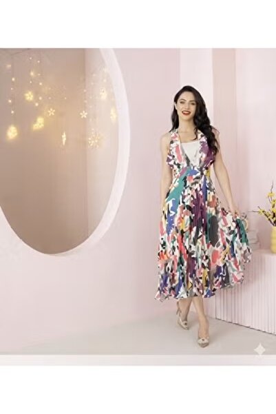 FULLJOY فستان ميدي شيفون مشجر ألوان متداخلة قصة غير منتظمة فستان موضة وعصري