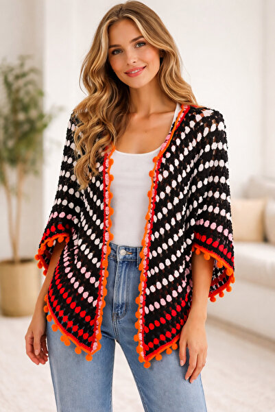 Lapka Design El Örgüsü Ponpon Detaylı Bohem hırka