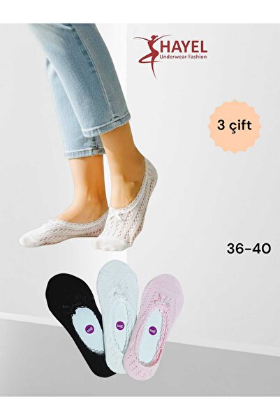 HAYEL 3Pairs Black Ecru Pink Women's Fishnet Lace L Patterned Ballet Flats So...