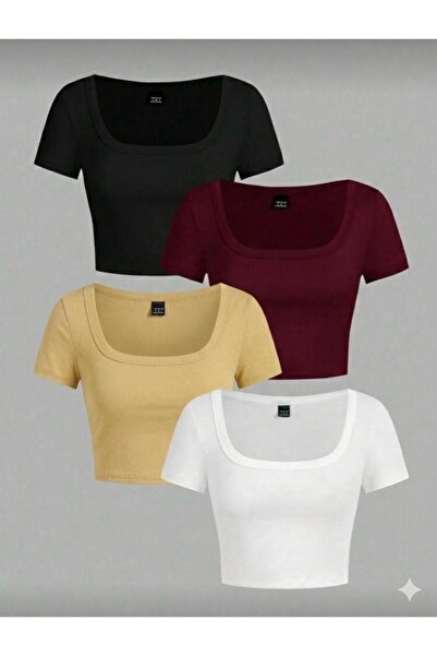 MİLYA&GYM Pachet de 4 tricouri crop din bumbac, cu guler pătrat, mulat pe cor...