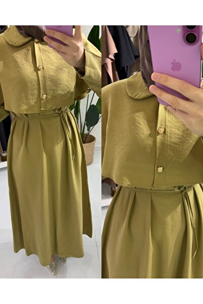 STİLSEN PELERİNLİ KETEN BOYDAN ELBİSE