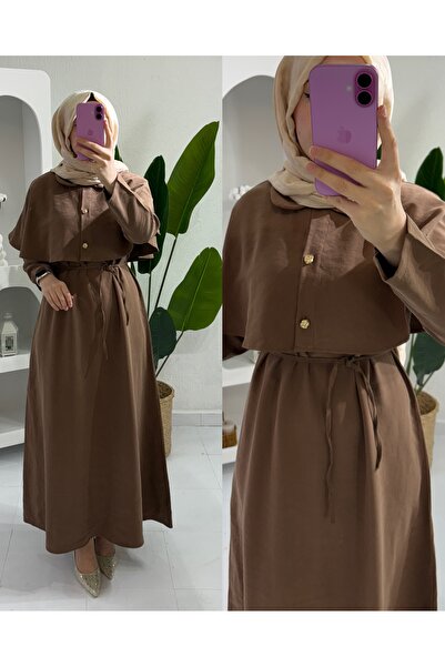 STİLSEN PELERİNLİ KETEN BOYDAN ELBİSE