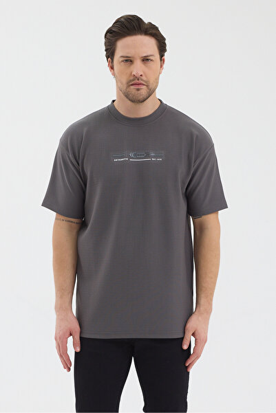 WERRONİ Men's Dark Gray Color Jacquard Fabric Printed Slim Fit T-Shirt