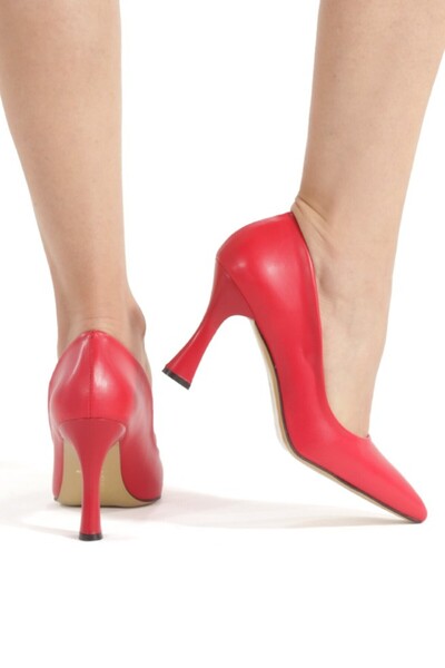 PAYZİN حذاء ستيليتو أحمر اللون بطول 9 سم، كعب كأس، مقدمة مستديرة، مغلق من الأمام