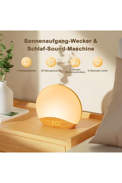 Reacher Sunrise Alarm Clock – Wake-up Light, 26 Sounds, LED Display, Wooden D...
