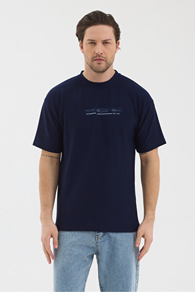 WERRONİ Men's Navy Blue Color Jacquard Fabric Printed Slim Fit T-Shirt