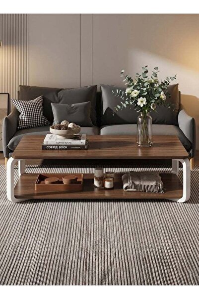 Taimi brown Wooden Coffee Table and White Metal Frame With Double Layer Stora...