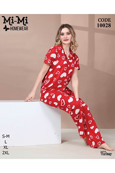 Mimi Homewear طقم بيجامة حمراء مريحة بأكمام قصيرة من Heart منقوش