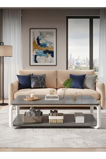 Taimi Wooden Coffee Table and White Metal Frame With Double Layer Storage Spa...