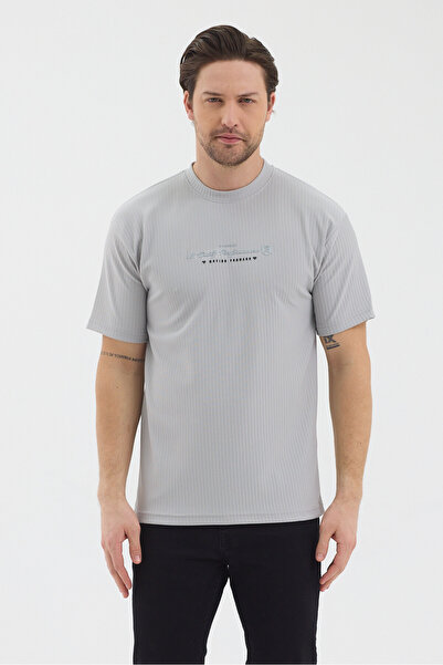 WERRONİ Men's Gray Color Jacquard Fabric Self-Dyed Striped Printed Slim Fit T...