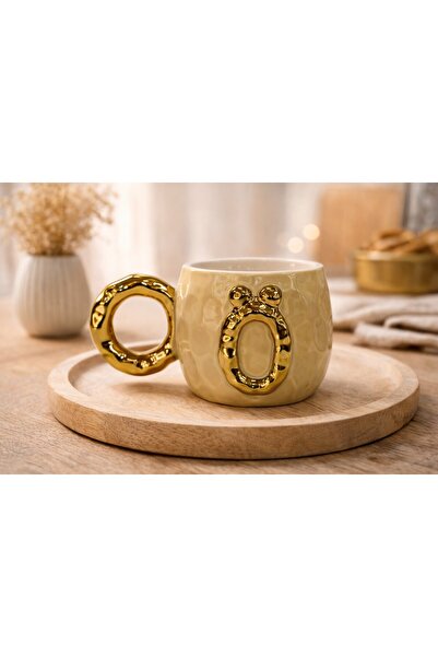 Gelincik Harfli Kupa Ö Harfi Seramik Desenli Altın Renkli Kahve Çay Çorba Bar...