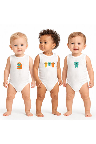 bebekpare Unisex Baby Athlete Bodysuit Rib Knit 100% Cotton Minimal Koala Pri...