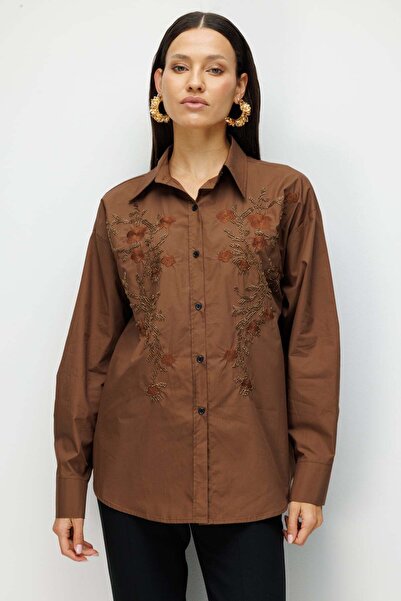Ekol Çiçek Nakışlı Oversize Pamuk Gömlek