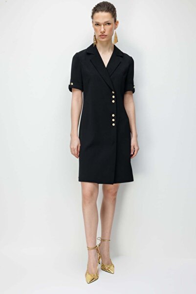 Ekol Kruvaze Yaka Metal Düğmeli Elbise