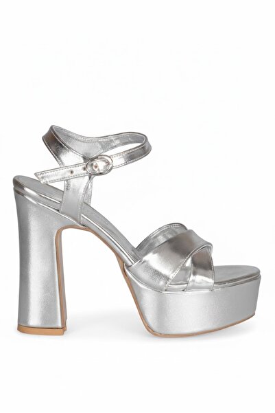 SOLMAZ Solly 4104 Mg Cross Silver Platform Heeled Evening Dress Women's Shoes