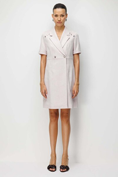 Ekol Kruvaze Yaka Süs Düğmeli Midi Elbise