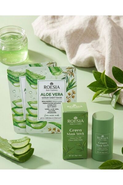 Roesıa Rose Cosmetics Yeşil Çay Maskesi + 2x Aloe Vera Serumlu Kağıt Maske