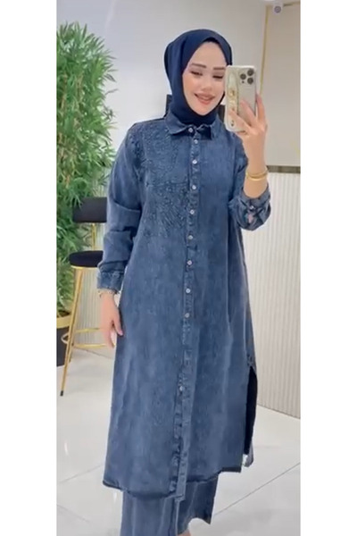 TUGBA COLLECTION Yeni Sezon Omuz Nakışlı 2'li Tunik Takımıı %100 Pamuklu Şık ...