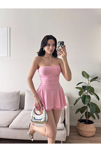 Zoom Butik Straplez Volanlı Şortlu Elbise - PEMBE