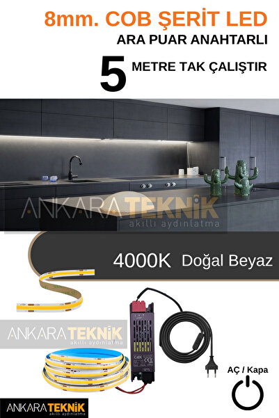 ankarateknik 8mm COB LED Şerit Set Anahtarlı Trafolu Tak-Çalıştır 5m