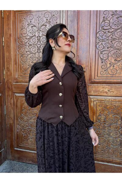 MODA Dantel Kol Detaylı Düğmeli Klasik Yaka Kadın Bluz Kahverengi