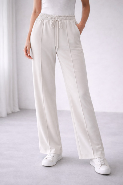 SİEMPRE CO Kadın Modal Dikiş Detaylı Relaxed Bej Pantolon