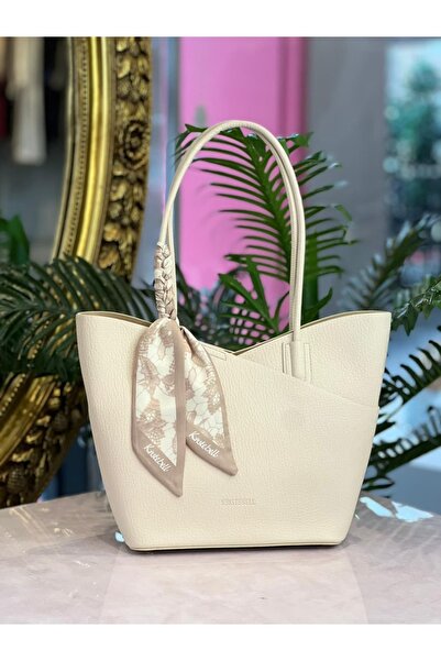 KRISTE BELL - Beige Leather Bag with Scarf Detail and Long Handle