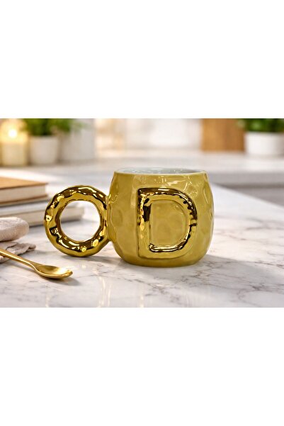 Gelincik Harfli Kupa D Harfi Seramik Desenli Altın Renkli Kahve Çay Çorba Bar...