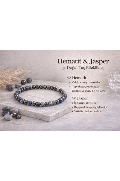 Doğal Taşlar Evcikuş 6 mm Hematite & Jasper Natural Stone Bracelet – Unisex M...