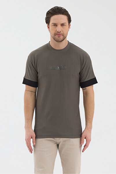 WERRONİ Men's khaki color Jacquard fabric black thick stripe Sleeve Detail Pr...