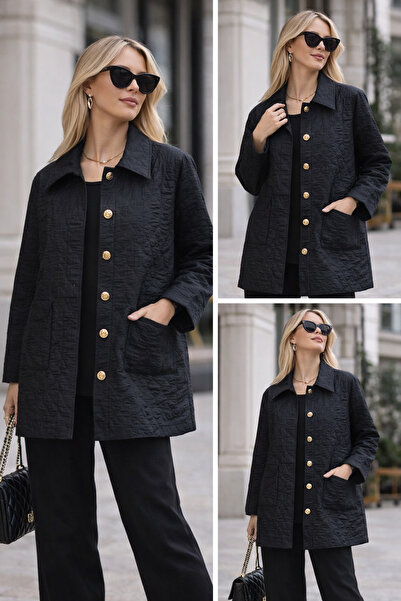 Rita Gold düğme detaylı kapitone uzun ceket siyah