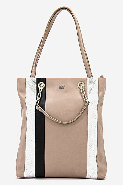 Cavalli Class Women Leather Tote Bag 30 L x 35 H x 11 W cm, Taupe and Silver ...
