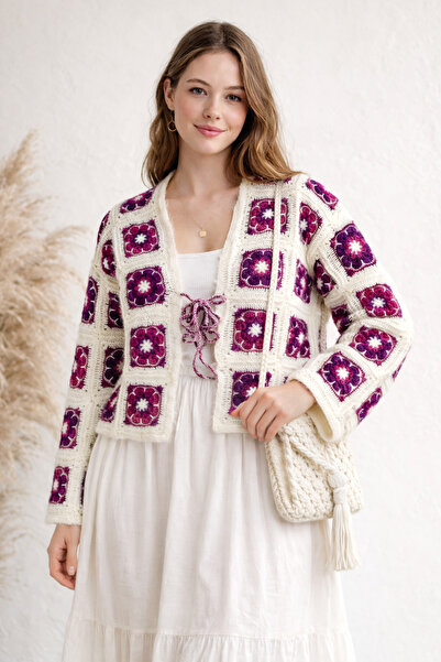 lunera Mor Tığ İşi Kare Motifli Yün Hırka