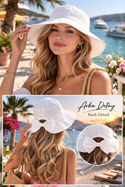 Wearflawless Kadın Keten Bucket Fiyonklu Beyaz Yazlık Plaj Şapkası, Ayarlanab...