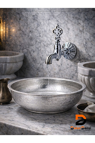 Dekordelisi Ağır Krom Hamam Tası Osmanlı Motifli Masif Pirinç El dövme / işle...