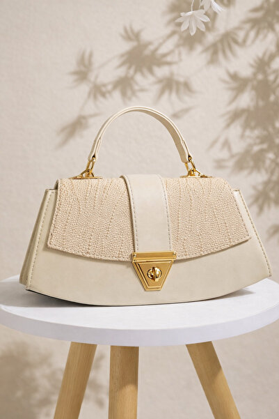 ARLEN STUDIO Luna Krem Dokulu Gold Detaylı Kadın El & Omuz Çantası