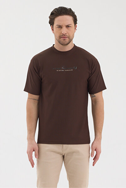 WERRONİ Men's Brown Jacquard Fabric Self-Dyed Striped Printed Slim Fit T-Shirt