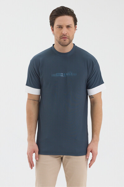 WERRONİ Men's Petrol Blue Color Jacquard Fabric White Thick Stripe Sleeve Det...