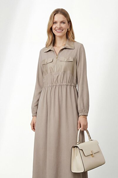 Puane Women's Shirt Collar Zippered Waist Length Ruched Long Dress – 12670Elb