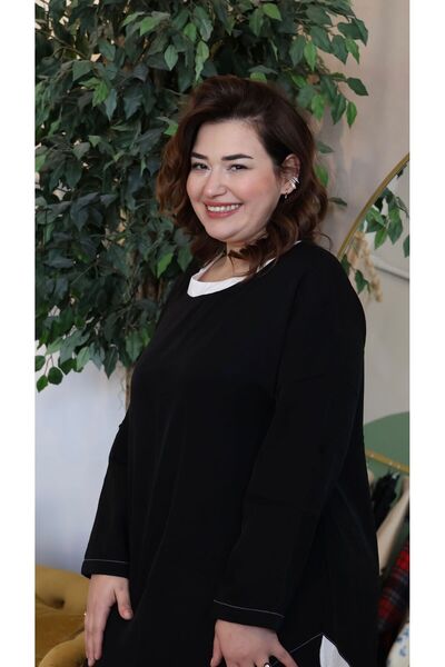 Store Büyükbeden Çiçekli Altı Volanlı Siyah Beyaz Elbise