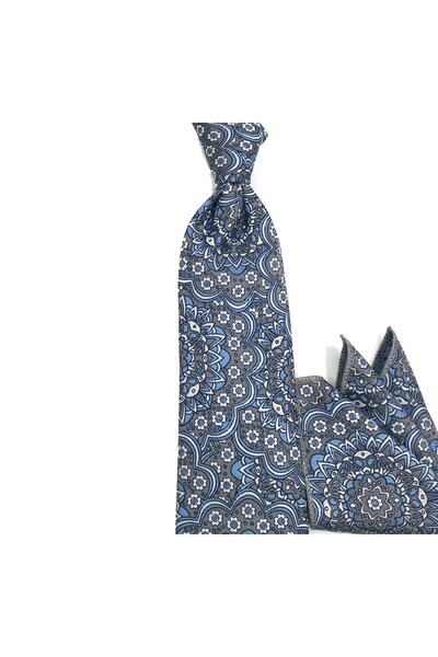 Sade Kravat Gray Blue Floral Print Handkerchief Tie 33177 Blue