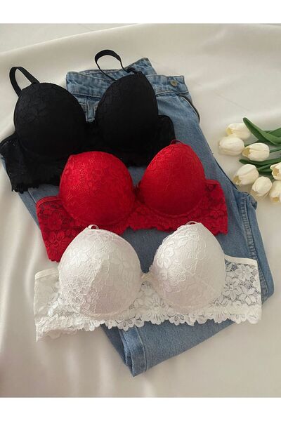 Gold Night Women's Lace Pack Padded Wired Push up Padded Soft Bra Triple Pack