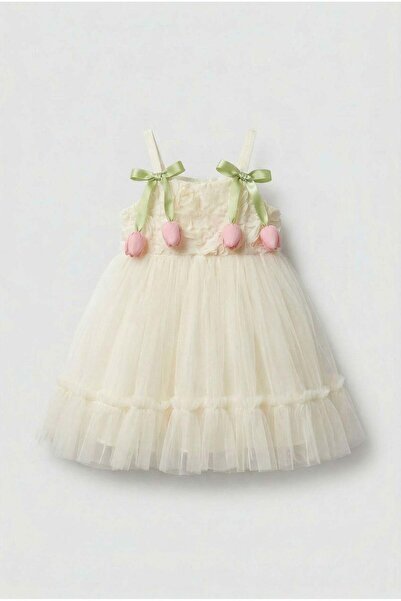 Magu Rochie Ecru Rose bumbac piese pentru fetițe cu model tul