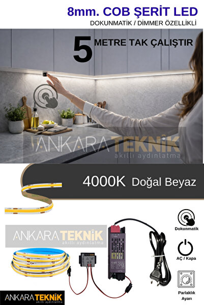 ankarateknik 8mm COB LED Şerit Set Dokunmatik Dimmerli Trafolu Tak-Çalıştır (...