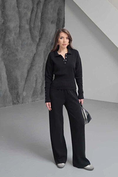 URİS بلوزة نسائية سوداء بتفاصيل مفصلة وياقة بولو، وبنطلون واسع الساق، طقم تري...