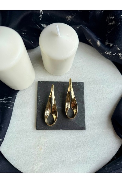 Merishe Jewerly Gold Modern Damla Yaprak Çelik Çivi Küpe