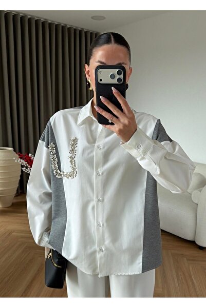 Selin Damla Kadın Triko Mixli Taşlı Beyaz Gömlek