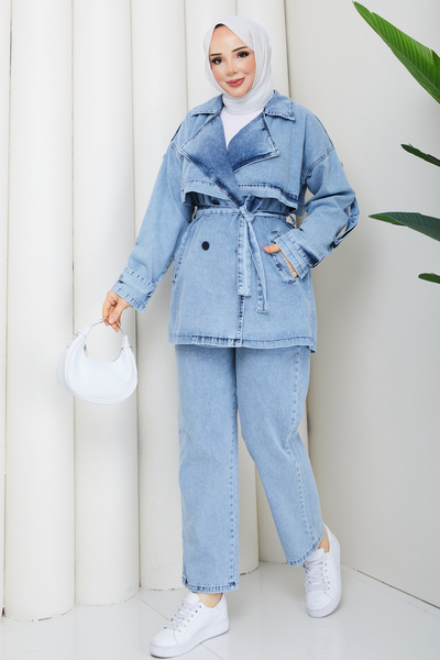 Pamuk Butik Women's Double-Breasted Collared Trousers Double Loose Jeans Set