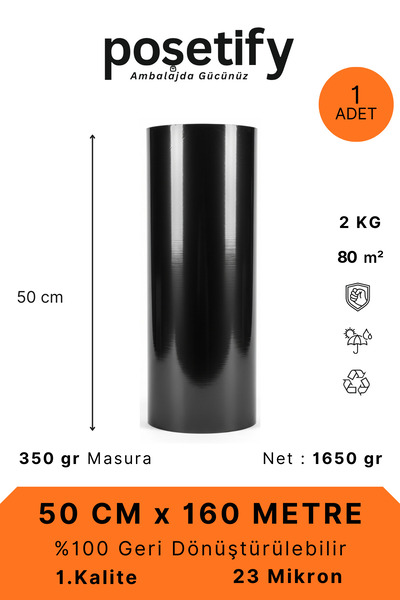POŞETİFY 23 Mikron Siyah Streç Film | 50 cm x 160 Metre | 2000 gr | Dayanıklı...